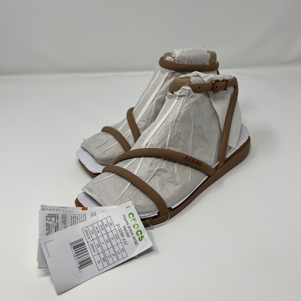 Crocs Miami Ankle Strap Sandal Size 5 Tan Latte Strappy Flat 212256-2JJ